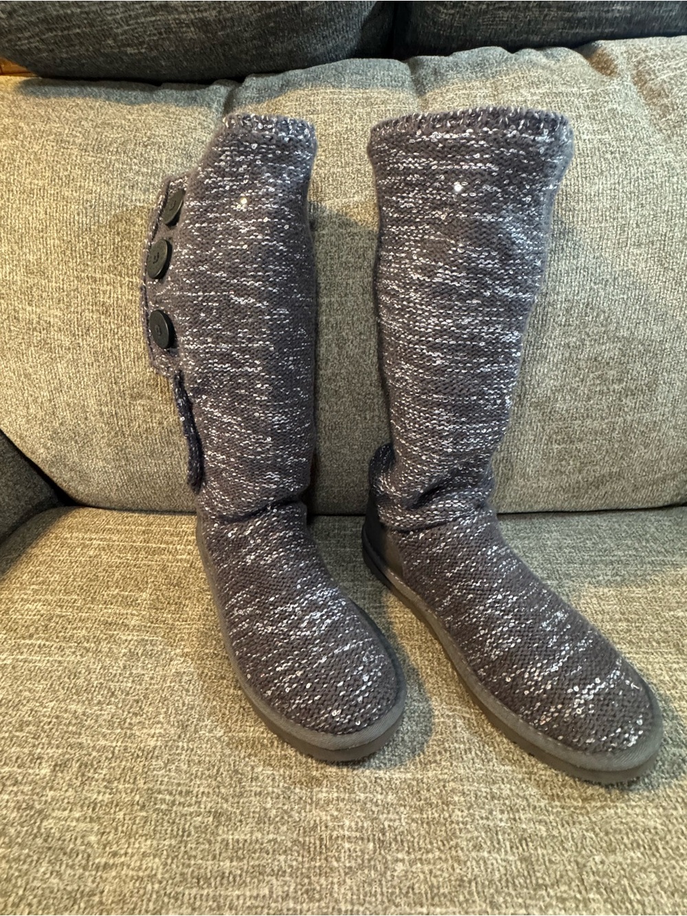 UGG Australia Classic Cardy Knit Tall Sequin Boots heather charcoal grey Size 8